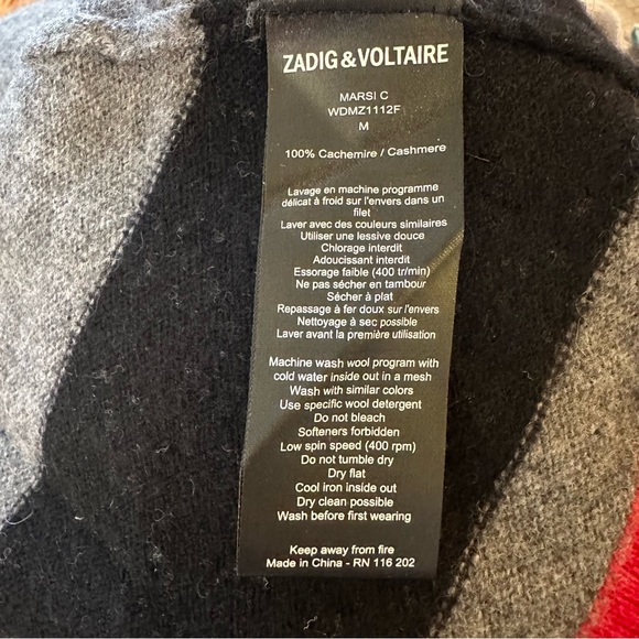 Zadig & Voltaire 💯 Cashmere Stripe Crew Sweater Colors Red Black Gray Si… - Picture 12 of 12
